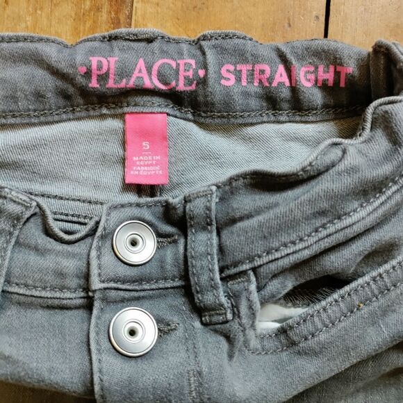 Place size 5 gray jeans straight leg distressed frayed hem adjustable waist - Picture 3 of 8